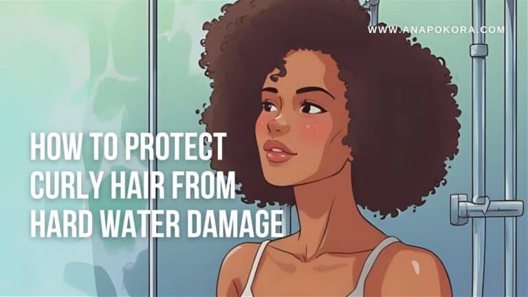 Illustration of a brown-skinned woman with voluminous curly hair standing in a shower, with the text “How to Protect Curly Hair from Hard Water Damage” overlaid on a misty glass background. Blog featured image from anapokora.com.