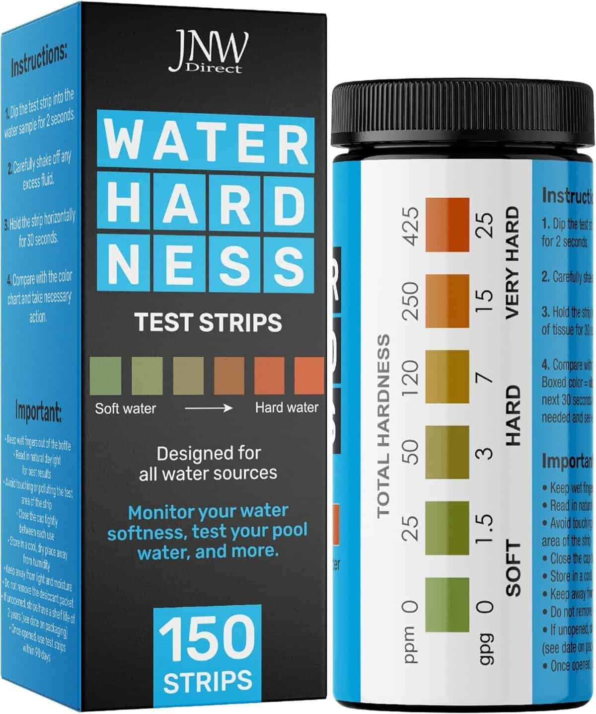 JNW Direct Water Hardness Test Strips kit with color chart, test tube, and retail box packaging