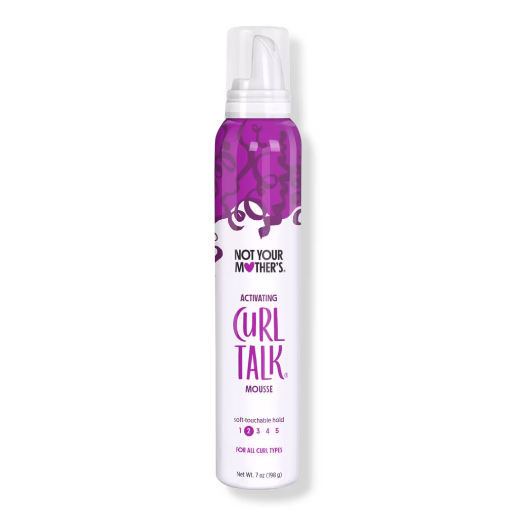 Not Your Mother’s Curl Talk Activating Mousse in a purple and white bottle, ideal for defining and holding natural curls without heat.