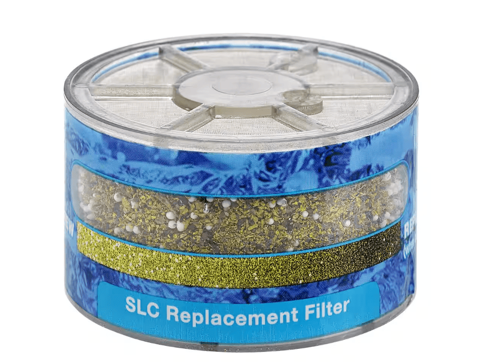 Sprite Showers Slim-Line SLC replacement filter with blue and gold media layers in clear casing