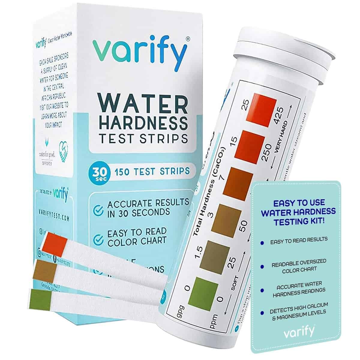 Varify Water Hardness Test Strips kit with color chart, test tube, and retail box packaging