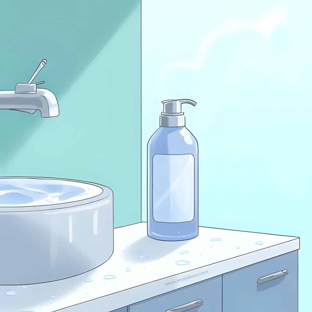 Illustration of a bathroom sink and countertop with a blue clarifying shampoo bottle, symbolizing hard water hair care and chelating ingredients.