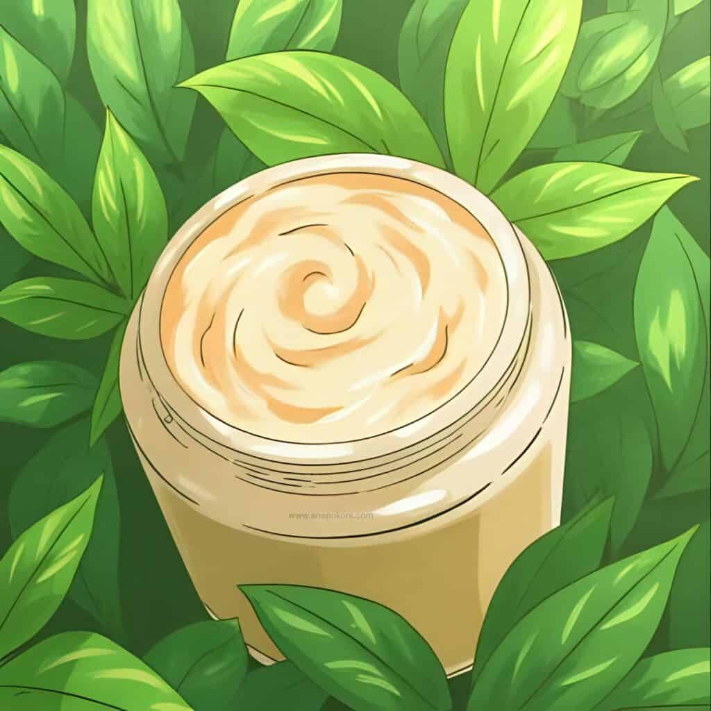 Illustration of a jar of creamy deep conditioner surrounded by green leaves, representing natural hair treatments for moisture restoration.
