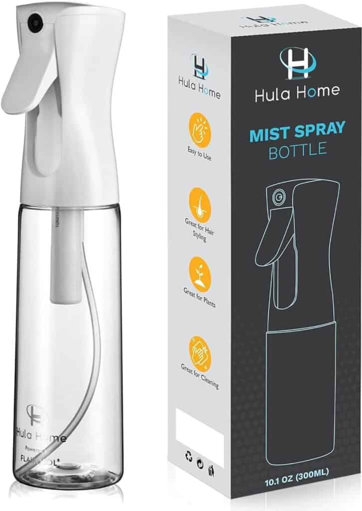 Clear mist spray bottle with black trigger and boxed packaging labeled “Hula Home Mist Spray Bottle – 10.1 oz