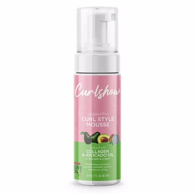 ORS Olive Oil Curl Style Mousse bottle with pink and green label featuring coconut and avocado oil icons
