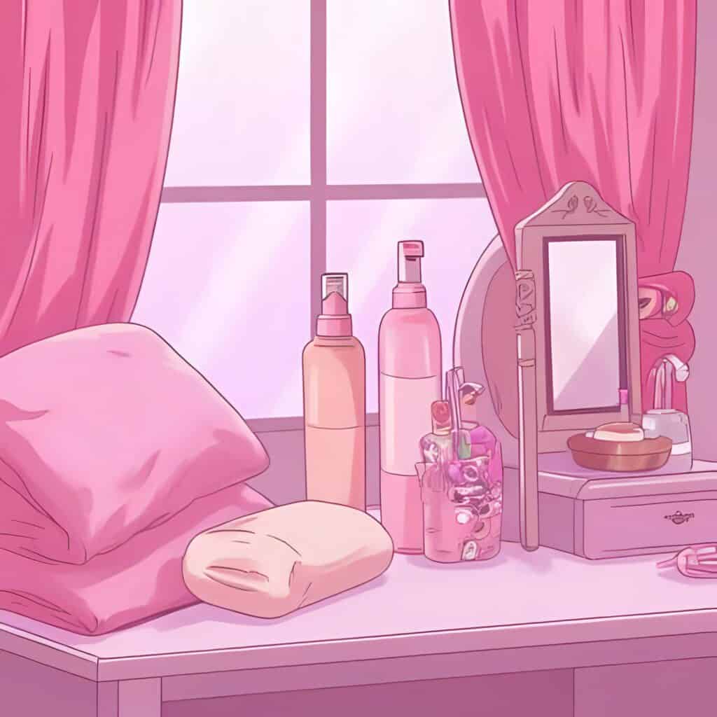 Illustrated vanity table with satin pillow, pink hair products, and a mirror, styled in soft pink lighting to suggest a cozy nighttime curly hair routine.