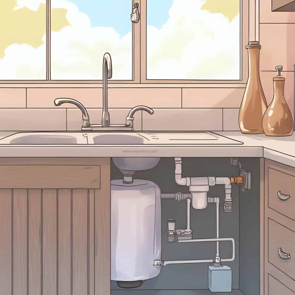 Under-sink view of a home water softening system installed in a bright kitchen, showing plumbing and filtration units beneath a window.