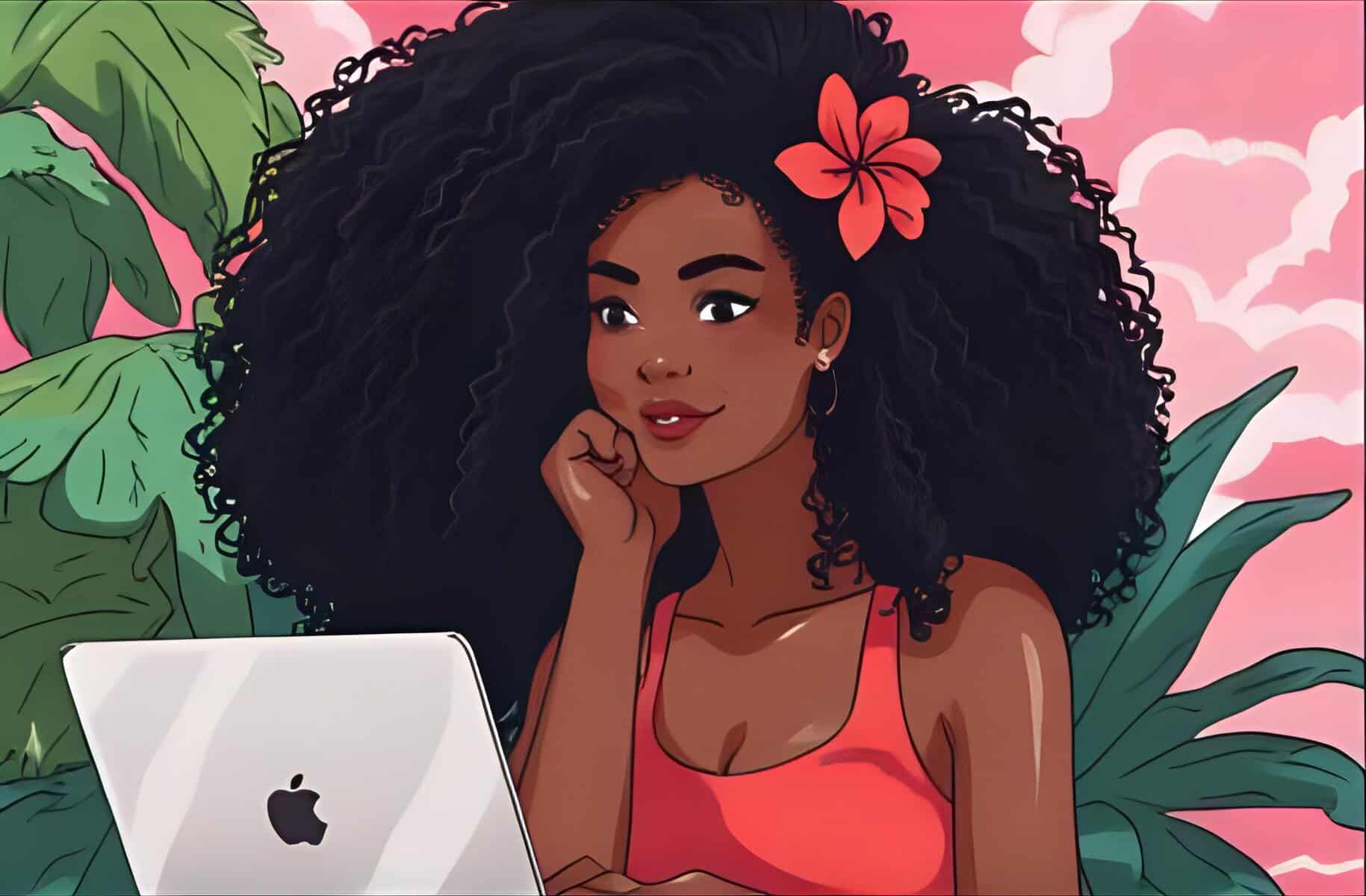 Woman with natural curly hair and a red flower, smiling while working on a laptop surrounded by tropical leaves, symbolizing creative digital work in a relaxed setting.