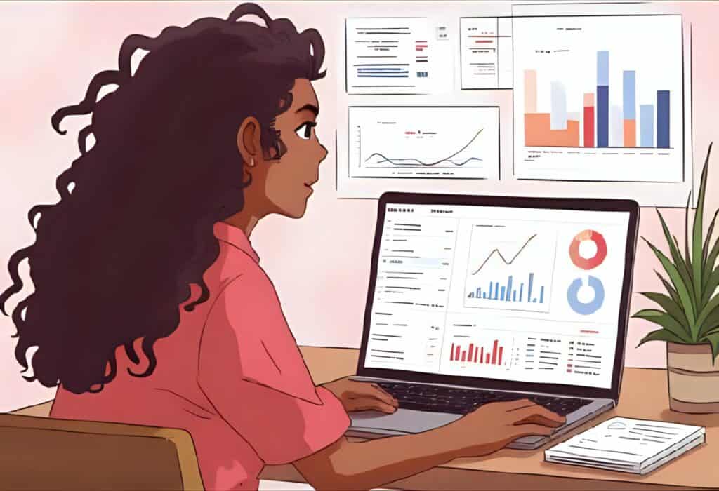 Illustrated woman reviewing analytics and business growth reports on a laptop with data charts on the wall