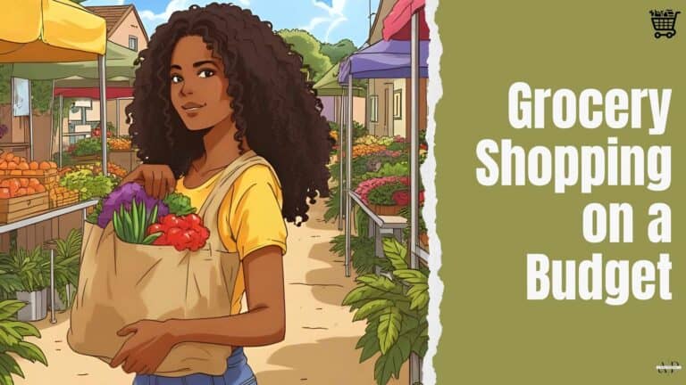 Illustration of a young Caribbean woman with long curly hair holding a grocery bag filled with fresh vegetables at an outdoor market. Text on the image reads “Grocery Shopping on a Budget.