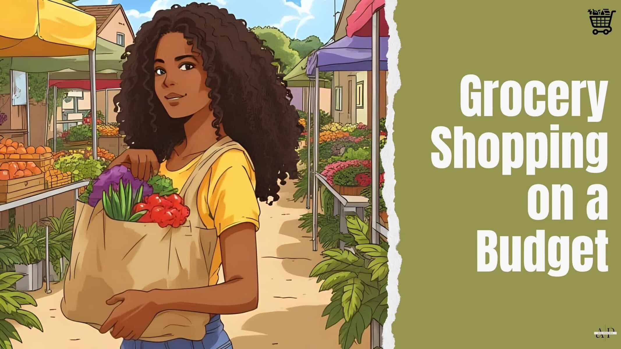 Illustration of a young Caribbean woman with long curly hair holding a grocery bag filled with fresh vegetables at an outdoor market. Text on the image reads “Grocery Shopping on a Budget.