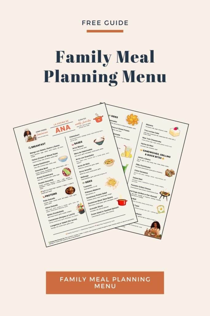 Family Meal Planning Menu free guide preview showing printable weekly meal planner with colorful food icons and grocery list sections.