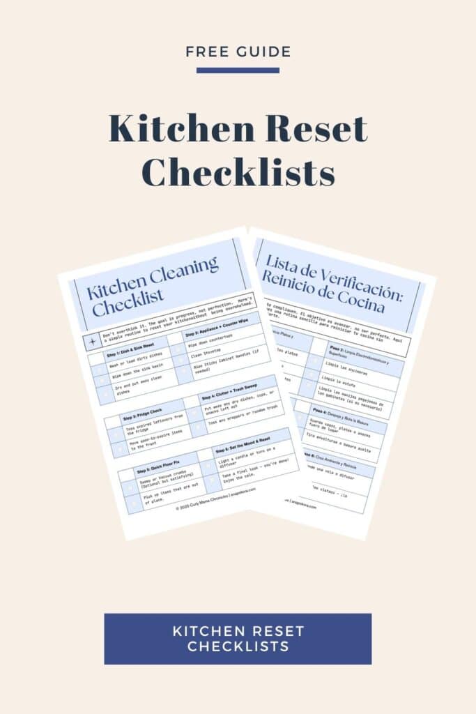 Kitchen Reset Checklist free guide preview showing English and Spanish printable cleaning checklists with a simple neutral background and download button.
