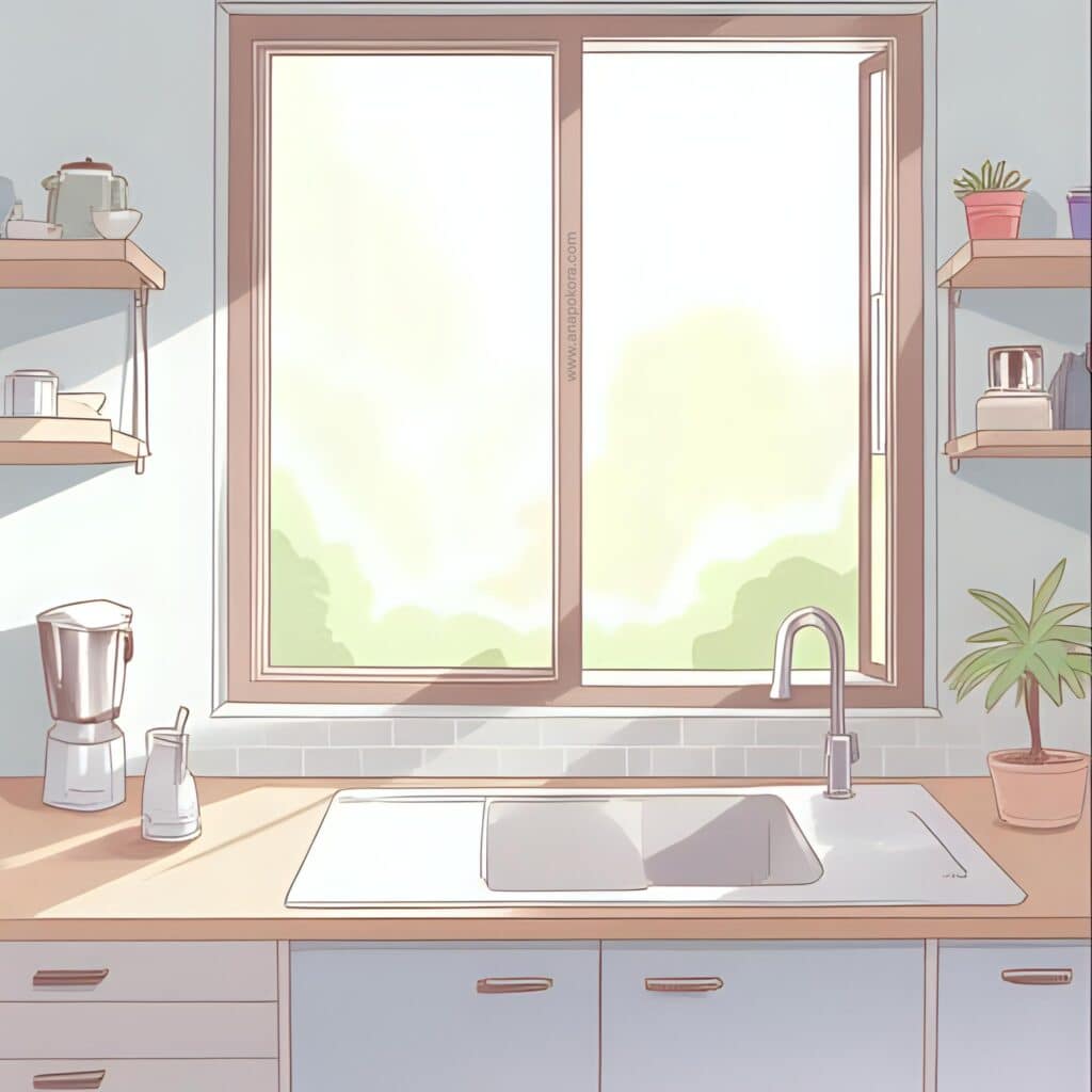 Bright minimalist kitchen with a clean countertop, empty sink, modern appliances, and natural sunlight streaming through a large window.