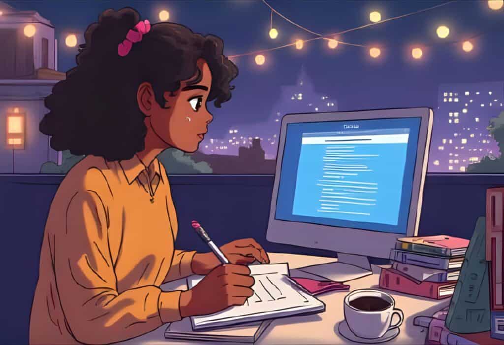 woman in a cozy nighttime workspace, writing blog content on a desktop computer, with city lights in the background, representing SEO content creation.