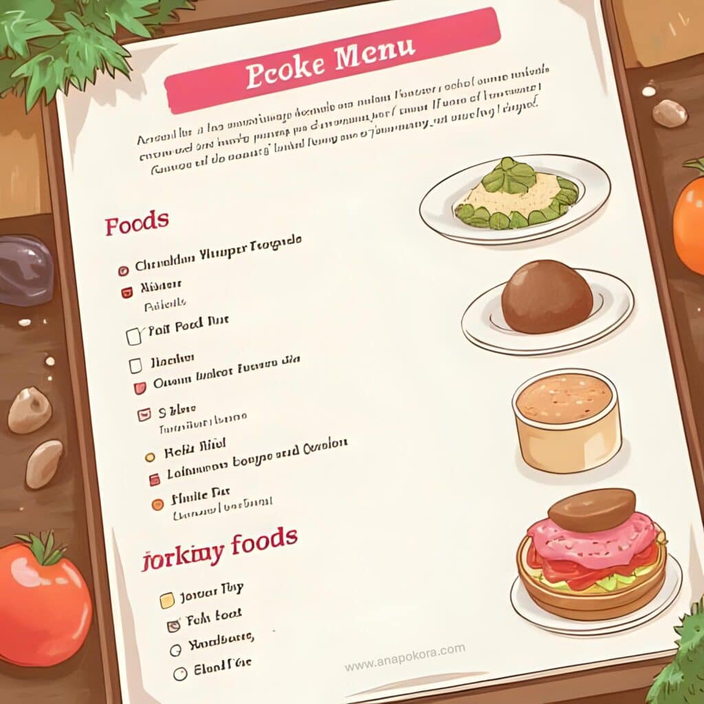 Illustrated personalized menu on a clipboard with playful, handwritten-style font and colorful drawings of food items like salad, a bread roll, soup, and a burger. Decorative elements like tomatoes and herbs surround the wooden table surface.