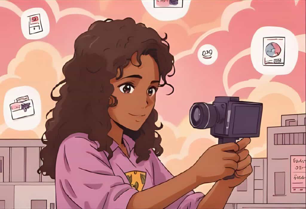 Animated woman holding a vlogging camera, surrounded by icons for influencer brand deals and social platforms