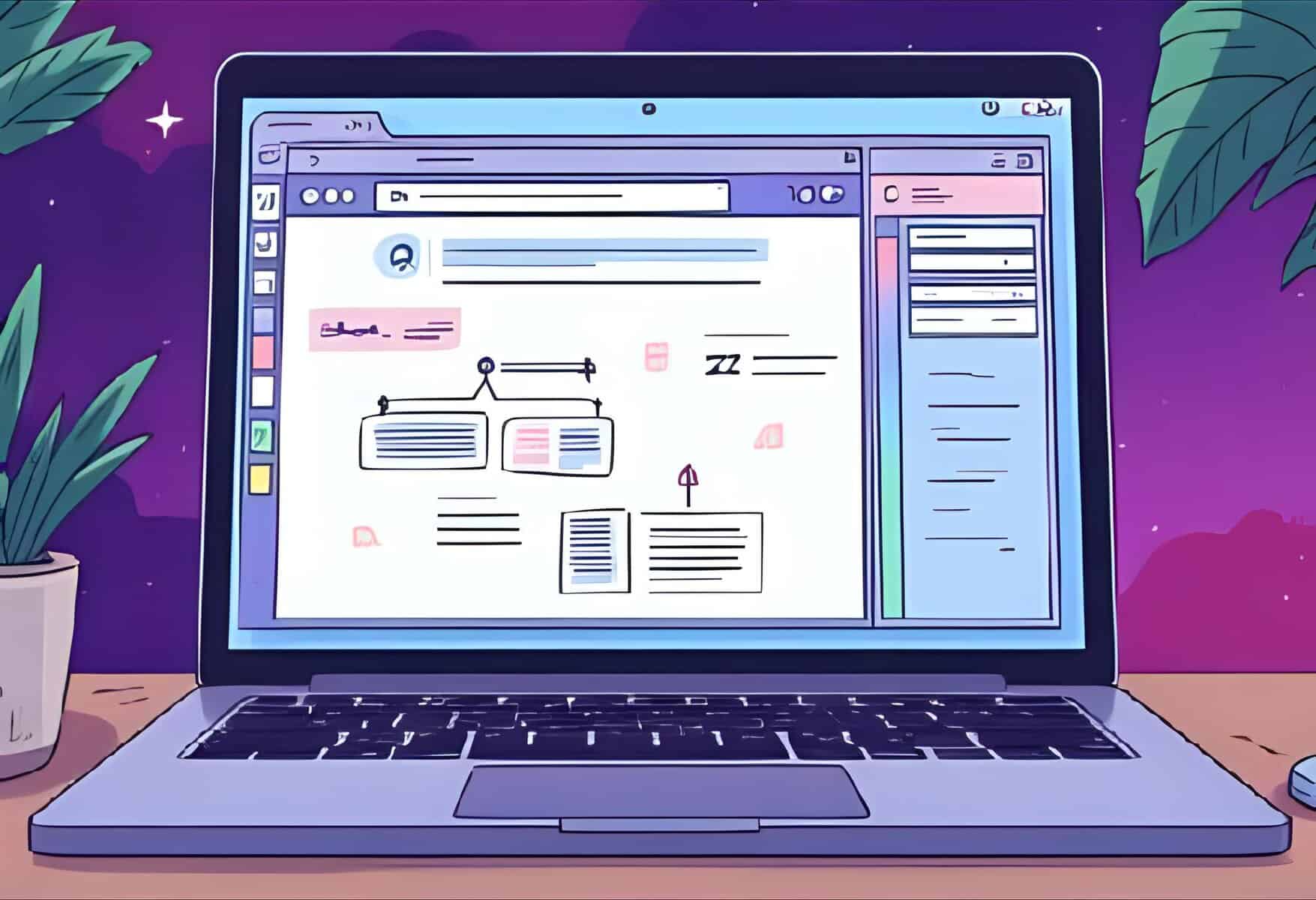 Laptop displaying a colorful social media dashboard interface, representing digital marketing tools and content planning.