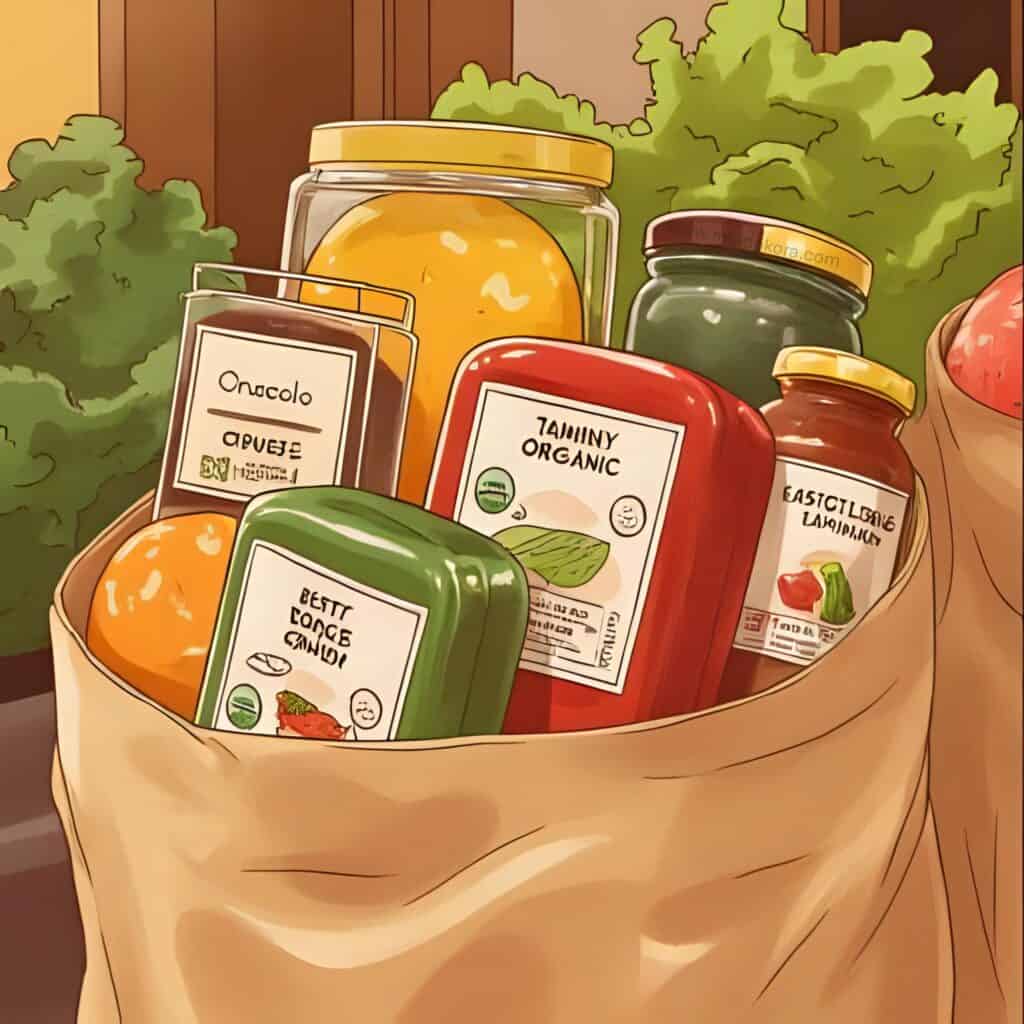 Close-up of a reusable grocery bag filled with colorful packaged foods and fresh produce, including jars and containers with illustrated labels, surrounded by leafy greens and fruit.