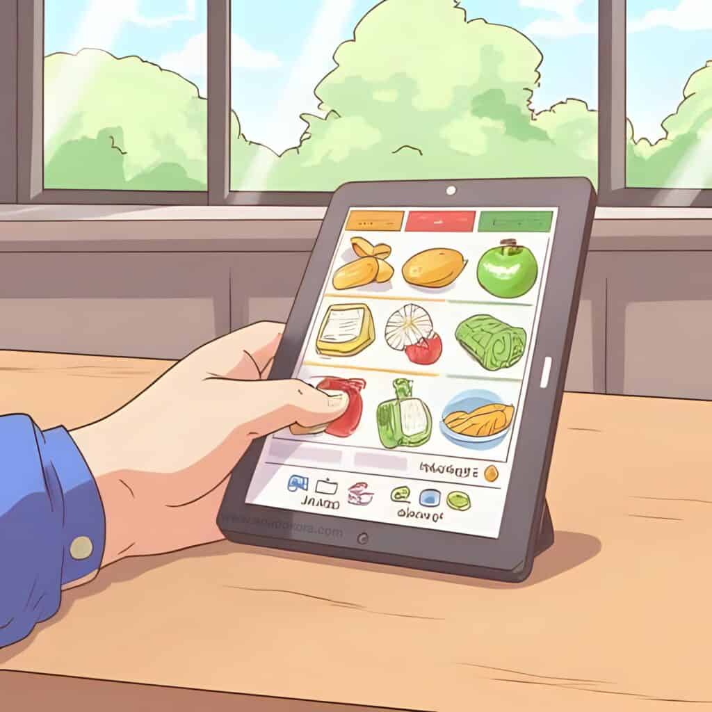 Hand holding a tablet displaying a colorful grocery shopping app interface with illustrated food icons like fruits, vegetables, and dairy. The background shows a bright kitchen with large windows and a view of greenery.