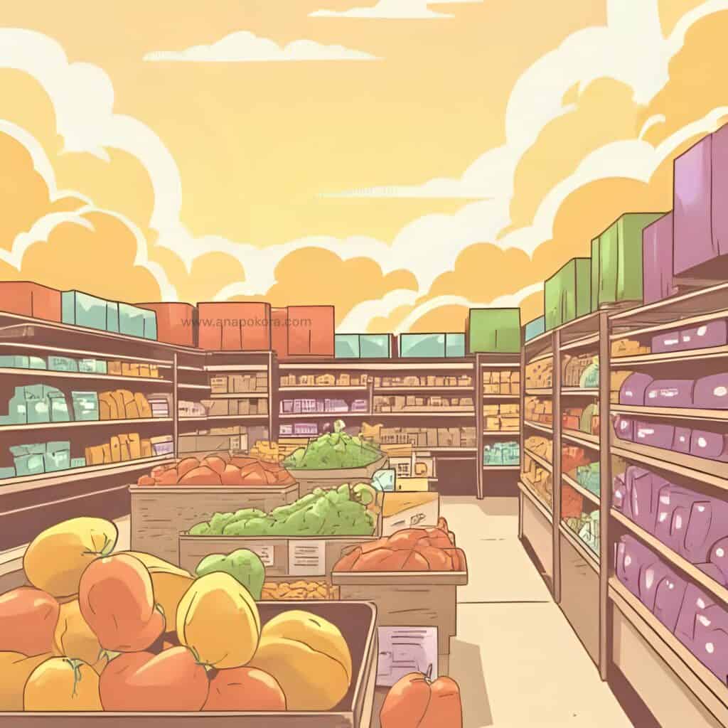 Colorful grocery store interior with neatly stocked produce bins and shelves filled with packaged goods, set against a warm sky backdrop with orange and yellow clouds.