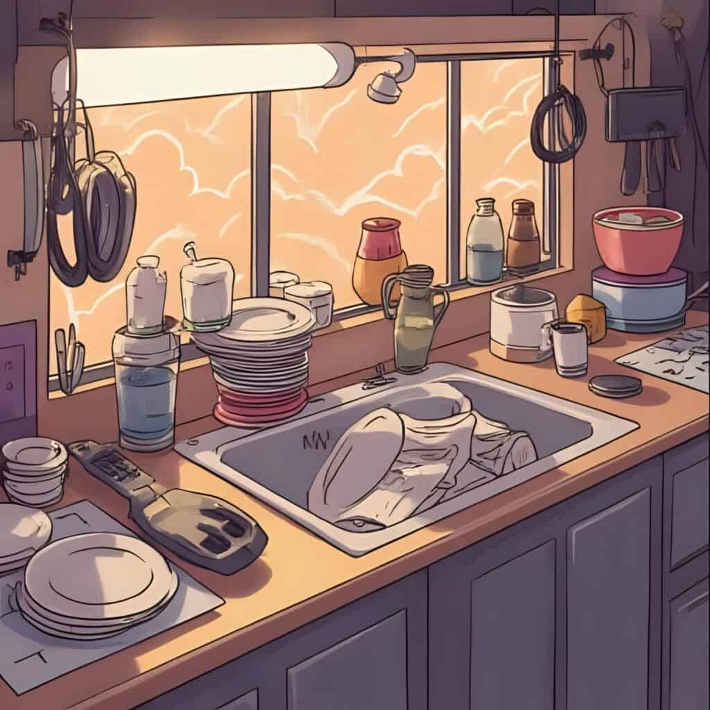 Illustrated kitchen scene with a countertop full of stacked dishes, dirty plates in the sink, and various kitchen items arranged by a window at sunset.