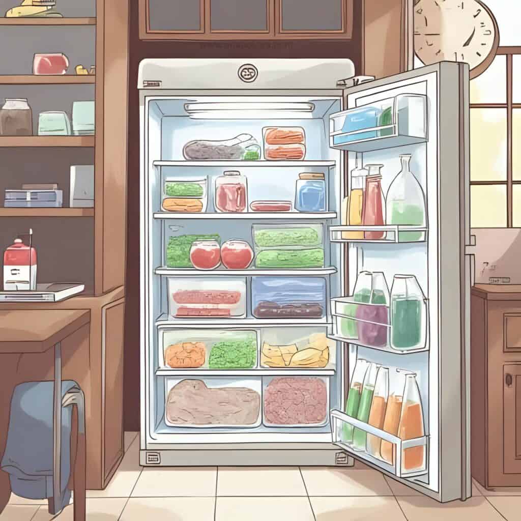  Open refrigerator filled with neatly organized food and drinks in clear containers, including fruits, vegetables, and juices. The surrounding kitchen has a cozy, lived-in feel with shelves, a clock, and warm natural light from a nearby window.