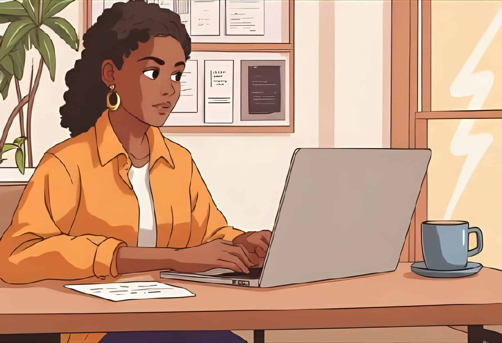 Animated woman working on laptop surrounded by brand strategy notes and certificates on the wall