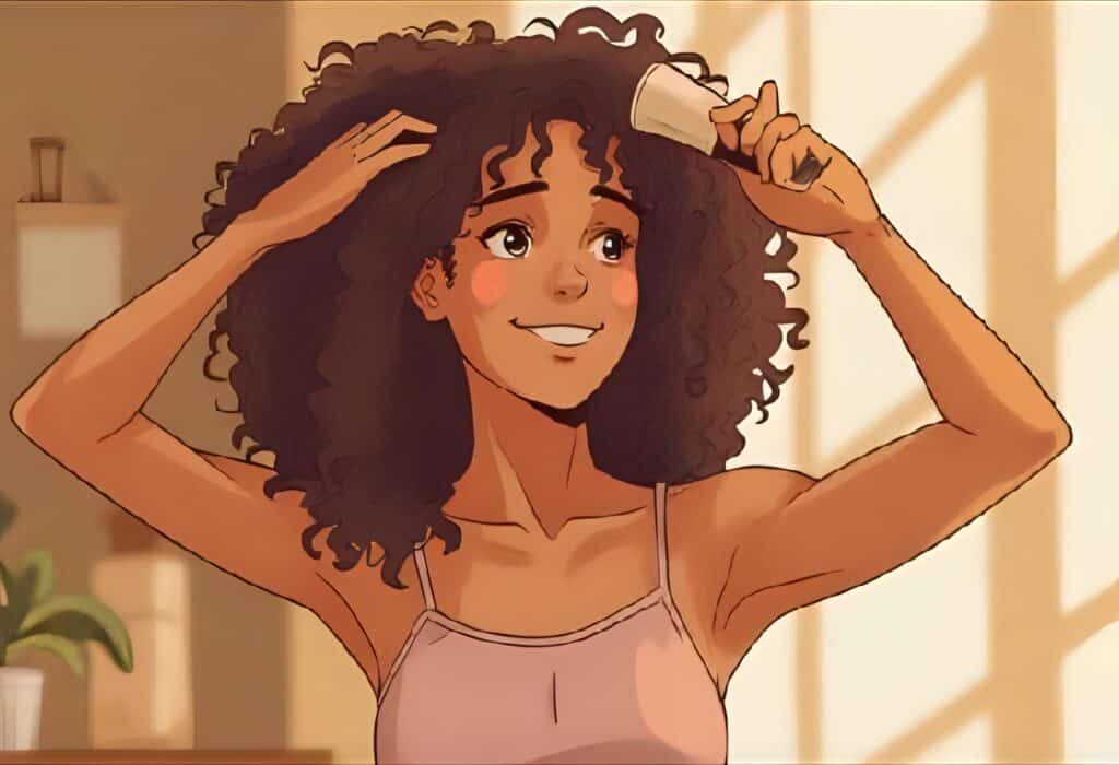 Smiling woman with curly hair wearing a pink camisole, gently combing her hair in a warmly lit room.