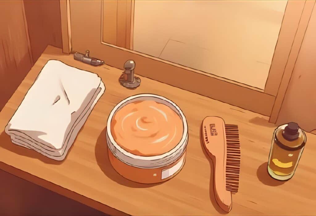 Wooden vanity with a folded white towel, an open jar of creamy orange hair mask, a wooden wide-tooth comb, and a small glass bottle of hair oil placed neatly in a row.