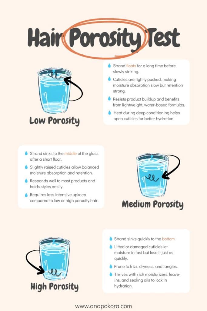 Illustrated hair porosity test showing three water glasses with hair strands at different levels to indicate low, medium, and high porosity. Low porosity hair floats for a long time before sinking and needs lightweight, water-based products. Medium porosity hair sinks to the middle and has balanced moisture absorption and retention. High porosity hair sinks quickly to the bottom, loses moisture fast, and benefits from rich moisturizers and sealing products.