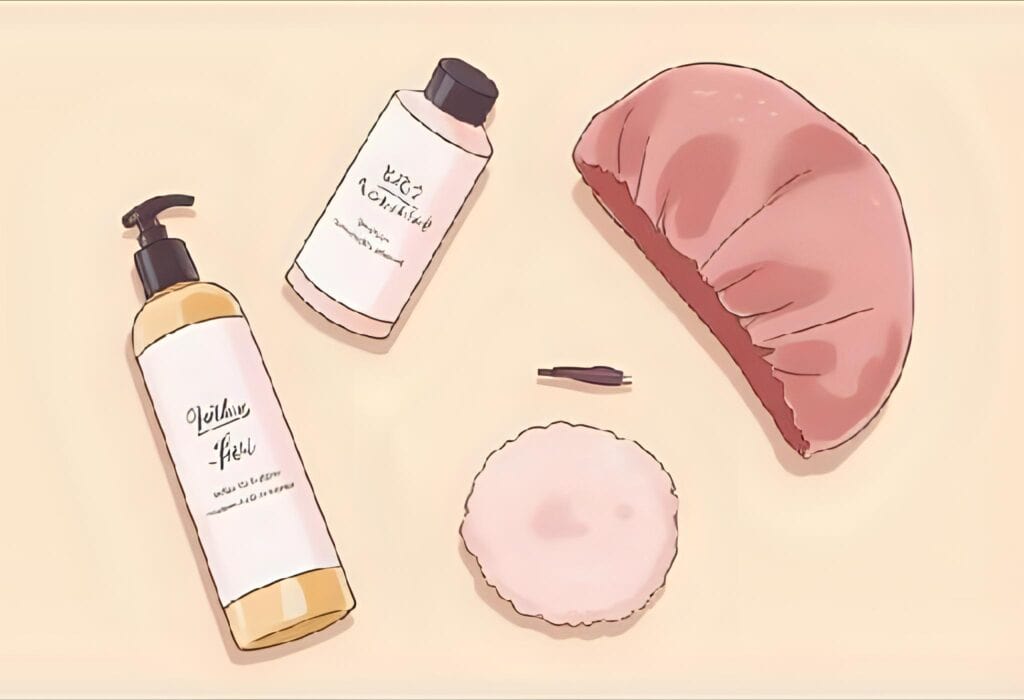 Flat lay of curly hair care essentials including a pump bottle of leave-in conditioner, a bottle of curl refresher spray, a pink satin bonnet, a hair clip, and a round microfiber towel on a beige background