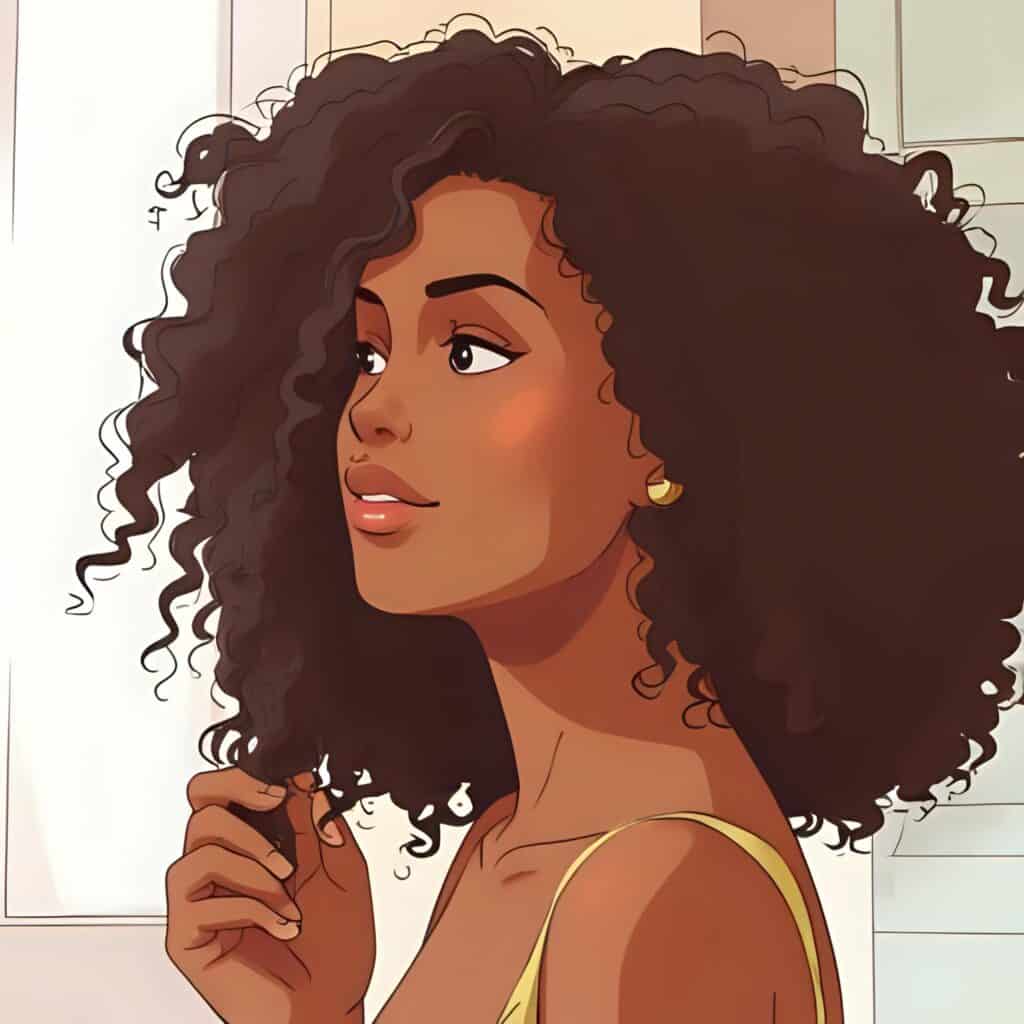 illustration of a woman with voluminous, defined curly hair, wearing a sleeveless top and small gold hoop earrings. She’s looking slightly to the side, gently touching a strand of her curls. The style feels soft and elegant, with a warm, natural color palette.