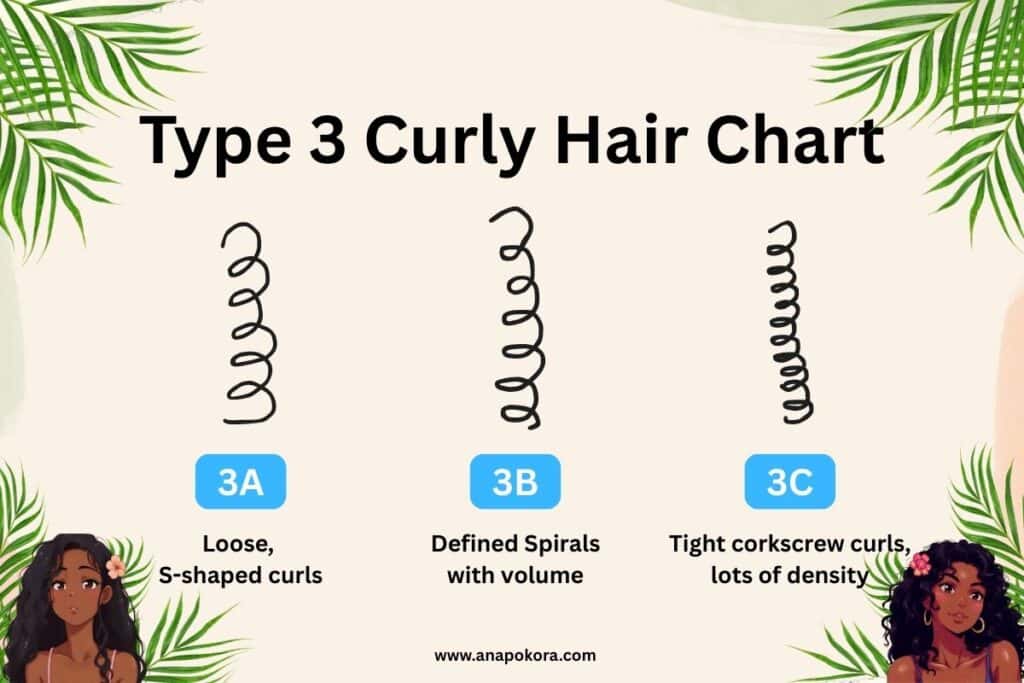 Type 3 Curly Hair Chart showing curl pattern examples: 3A loose S-shaped curls, 3B defined spirals with volume, and 3C tight corkscrew curls with lots of density. Educational graphic from anapokora.com.