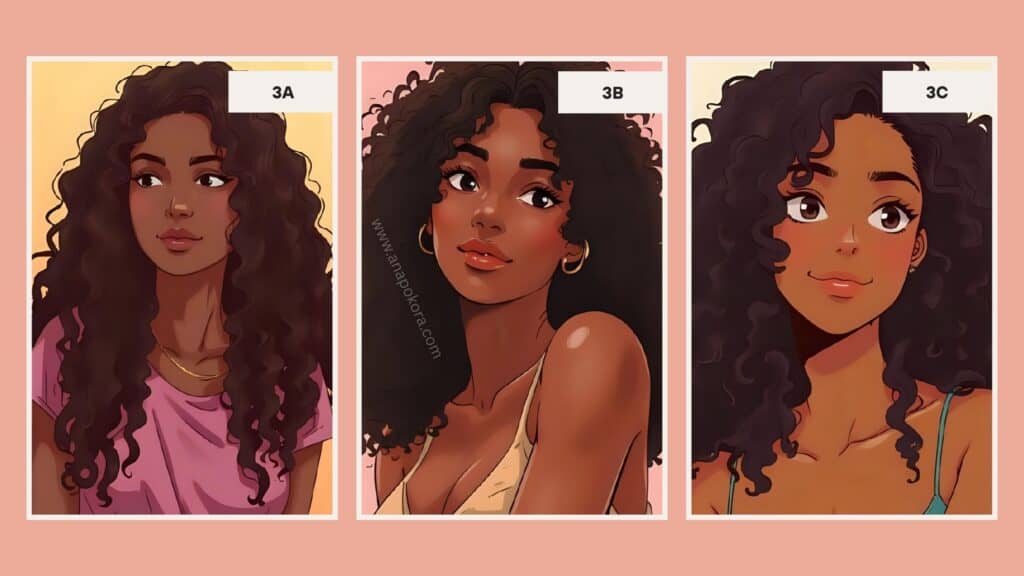 Illustration of three women representing different Type 3 curl patterns: 3A with loose S-shaped curls, 3B with defined spirals, and 3C with tight corkscrew curls. Visual comparison highlights the differences in curl size and density.