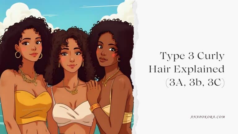 Illustration of three women with different Type 3 curly hair textures (3A, 3B, 3C) standing together, used as the featured image for a blog post titled 'Type 3 Curly Hair Explained (3A, 3B, 3C)' on anapokora.com.