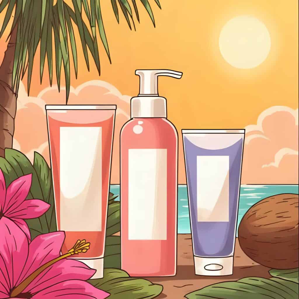 Flat lay of three tropical-themed curly hair products (cream, spray, and gel) on a beach background with palm leaves, hibiscus flower, and a coconut at sunset.