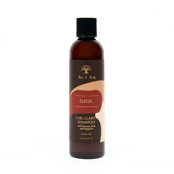 Brown bottle of As I Am Curl Clarity Shampoo for gentle cleansing and curl definition