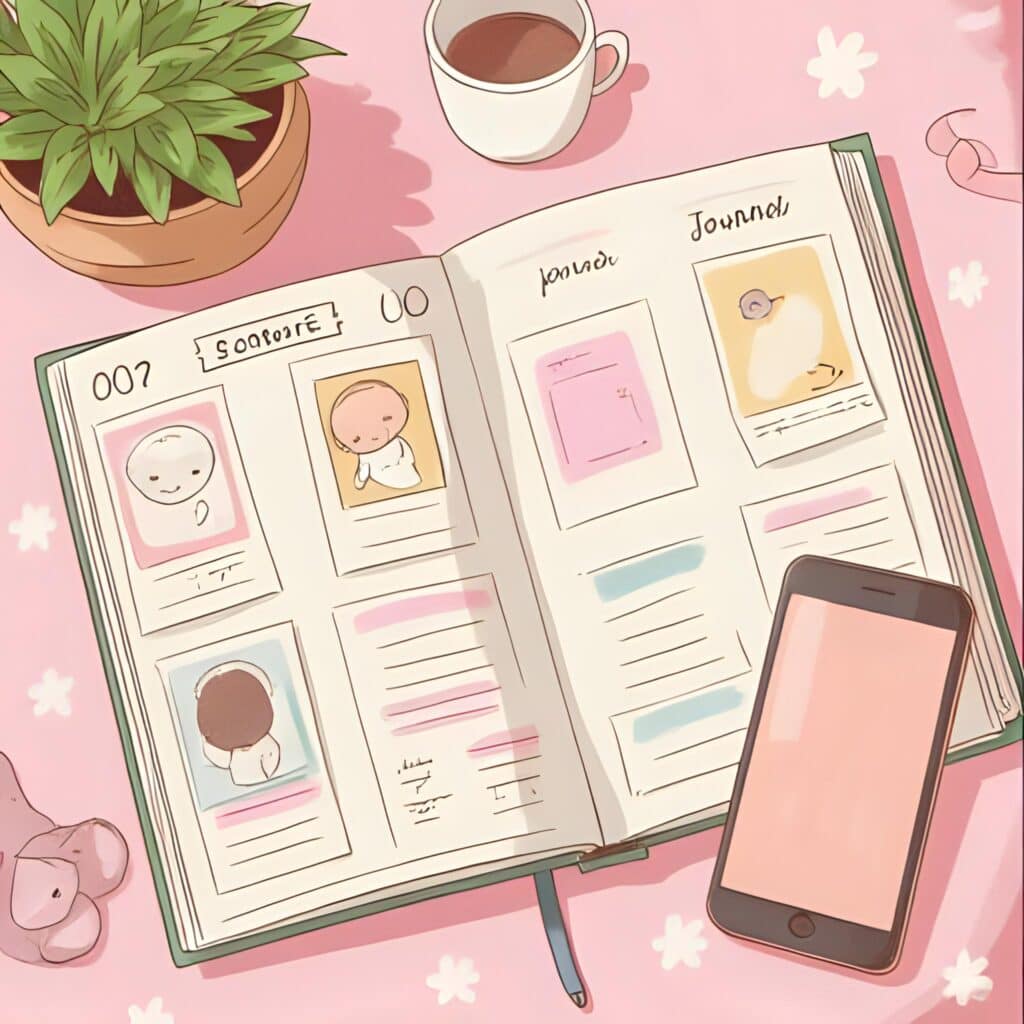 Baby memory book with printed photos and a smartphone showing a family storytelling app, representing digital and printed keepsakes with Kinnect.