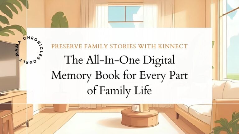 Featured image with a warm, illustrated living-room scene and centered white banner that reads ‘The All-In-One Digital Memory Book for Every Part of Family Life.’ Tagline above says ‘Preserve Family Stories with Kinnect.'