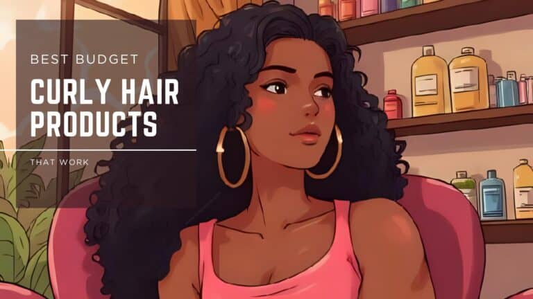 Illustrated woman with curly hair sitting in a salon chair, surrounded by colorful product bottles, with text overlay that reads “Best Budget Curly Hair Products That Work."