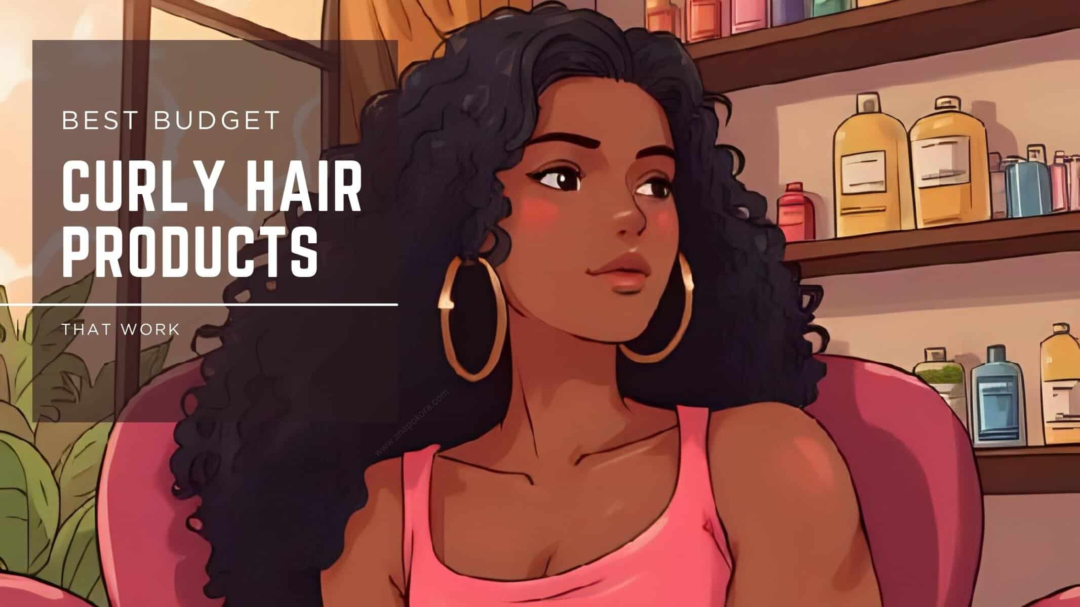 Illustrated woman with curly hair sitting in a salon chair, surrounded by colorful product bottles, with text overlay that reads “Best Budget Curly Hair Products That Work."