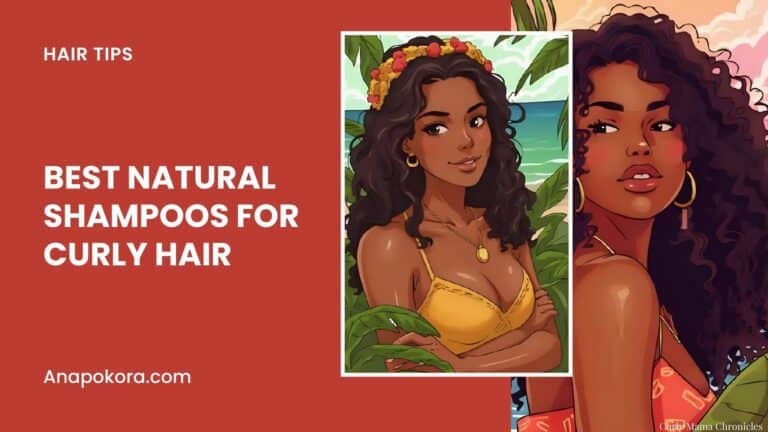 Featured graphic for “Best Natural Shampoos for Curly Hair” showing two women with curly hair in a tropical setting, with bold text title and Anapokora.com branding.