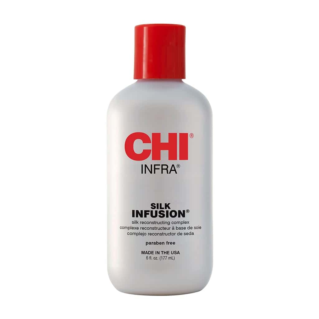 CHI Silk Infusion serum—lightweight, heat-protecting silk treatment that smooths, adds shine, and reduces frizz without buildup