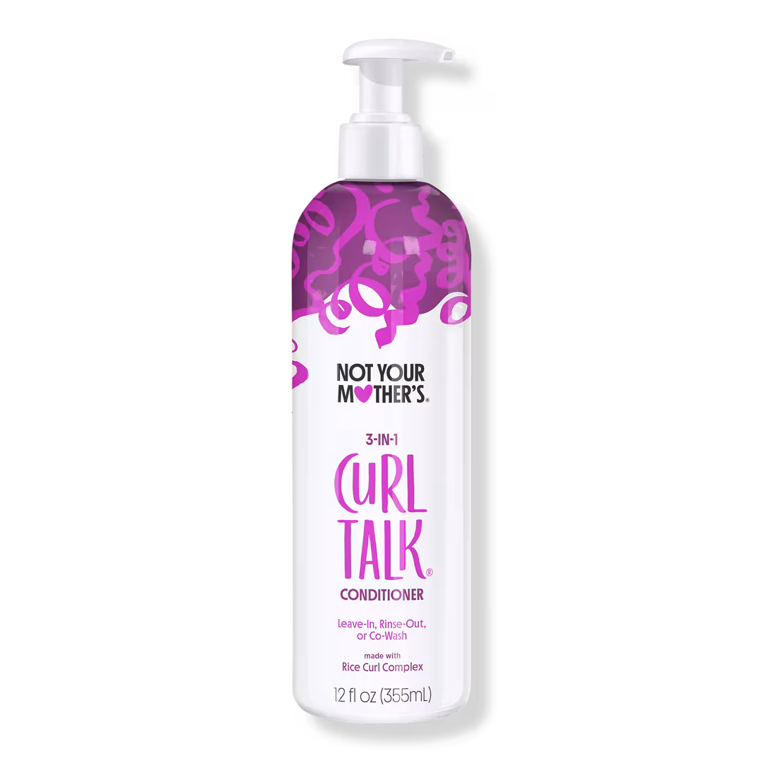 Bottle of Not Your Mother’s Curl Talk 3-in-1 Hydrating Conditioner with a purple ombre label, photographed on a white background