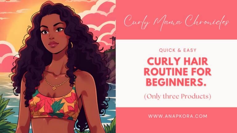 Illustrated Caribbean-inspired woman with long voluminous curly hair wearing a tropical floral crop top, standing by the ocean at sunset; text reads “Quick & Easy Curly Hair Routine for Beginners (Only 3 Products)” from Curly Mama Chronicles.