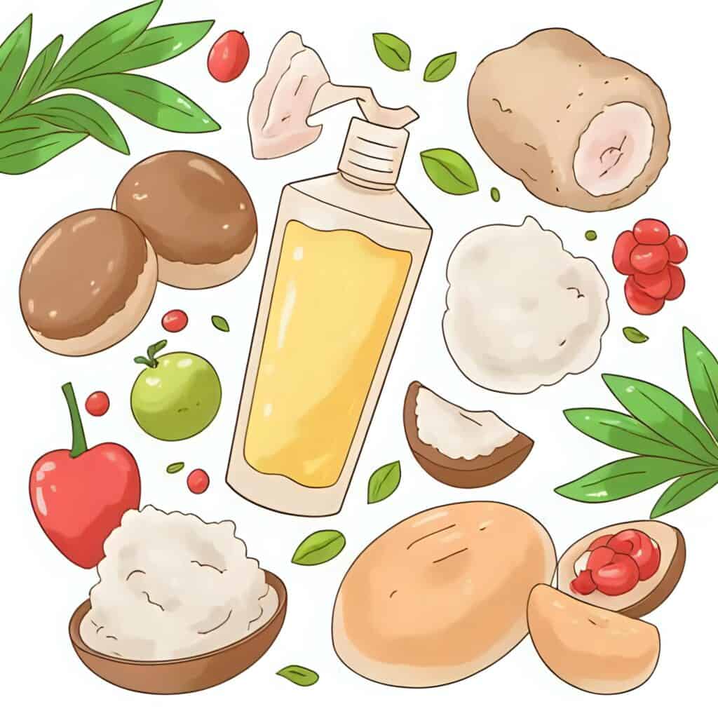 Illustrated flat lay of natural shampoo ingredients including shea butter, coconut, hibiscus, and a shampoo bottle surrounded by tropical leaves and fruits.