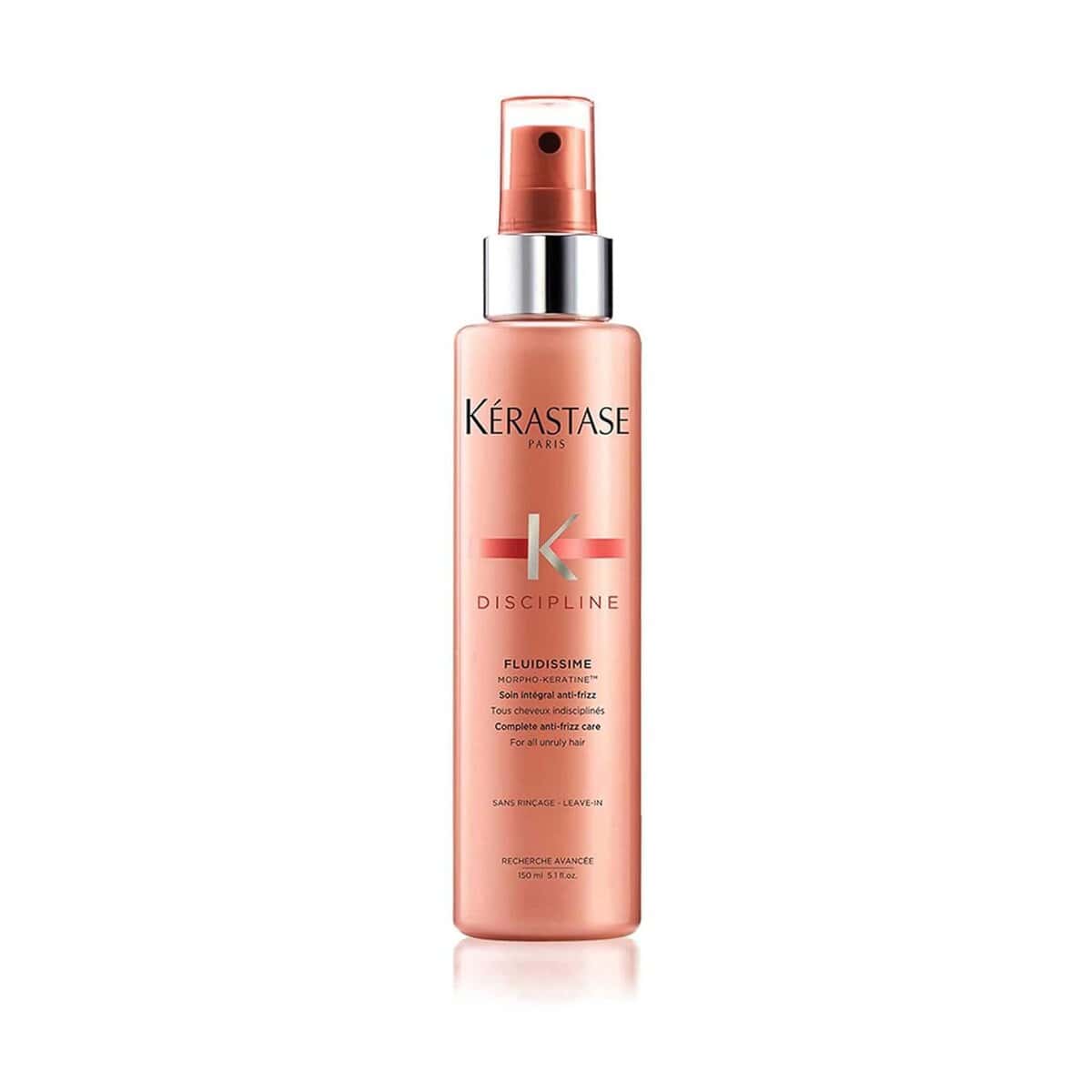 Kérastase Discipline Fluidissime—anti-frizz heat-protectant spray that shields up to high temps, boosts softness, and fights humidity.