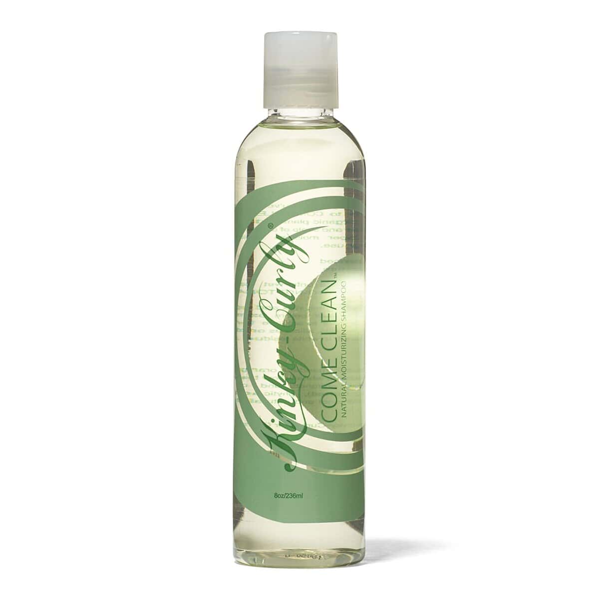 Clear bottle of Kinky-Curly Come Clean Shampoo for gentle larifying