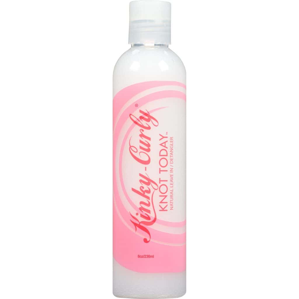 Bottle of Kinky-Curly Knot Today leave-in conditioner with a pink and white label, photographed on a white background
